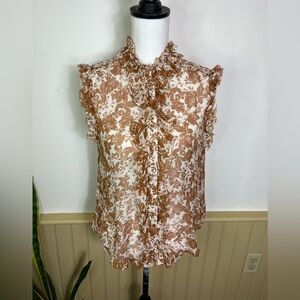 7 For All Mankind Floral Ruffle Sheer Blouse XS Romantic Button Boho Western
